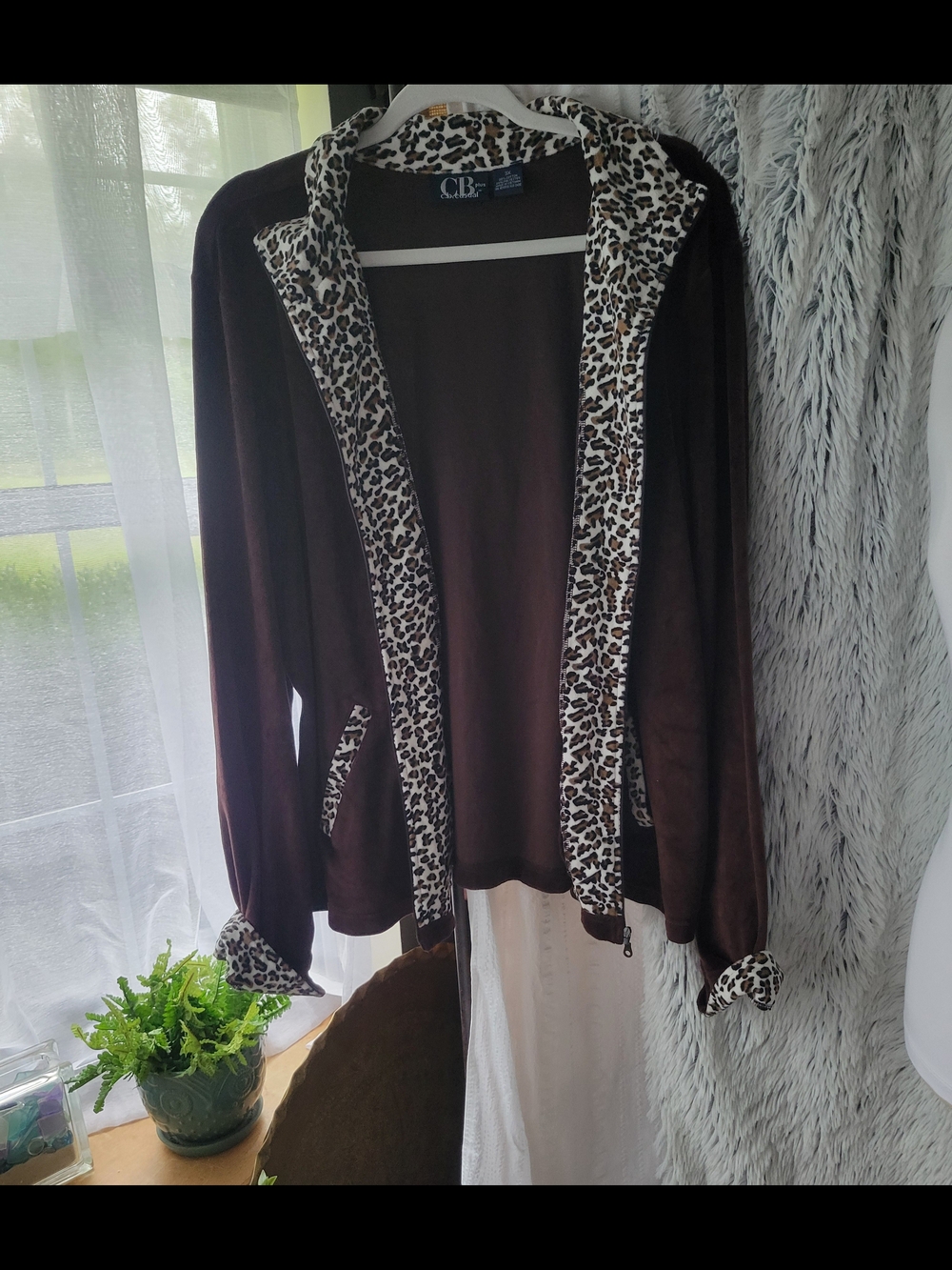 CB casual Brown Teddy Jacket with Leopard-Print Trim
